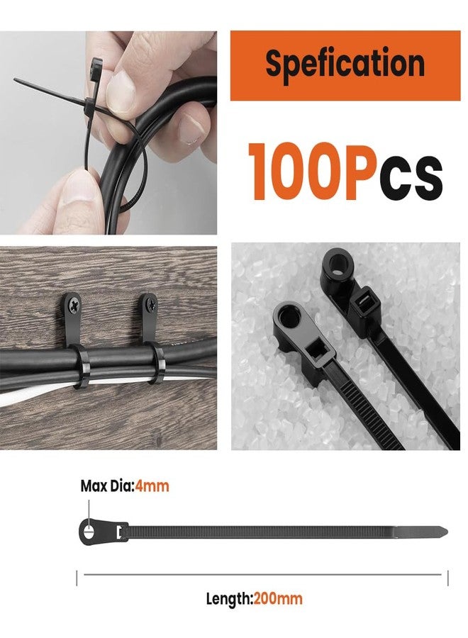 ZORBES® 100 PCS 8 inch Black Zip Ties with Screw Hole 50lbs Mountable Head Cable Ties Straps Multipurpose Heavy Duty Nylon Cable Zip Ties with Screw Mounting Hole For Indoor & Outdoor Use - Image 3